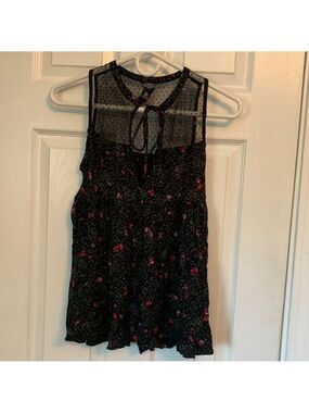 Volcom black and pink floral polka dot sleeveless part shear blouse xs